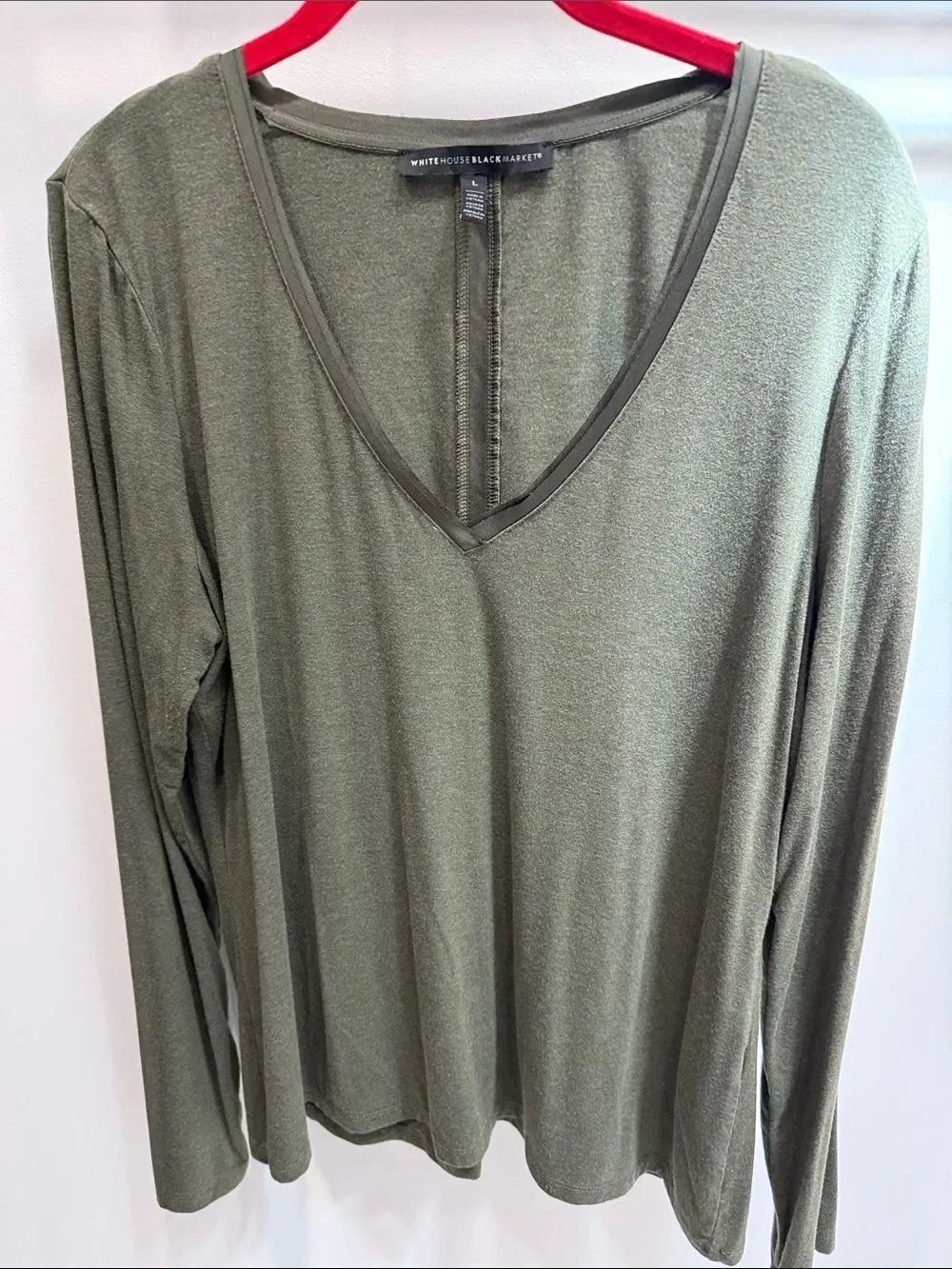 White House Black Market Olive V-Neck Long Sleeve Top